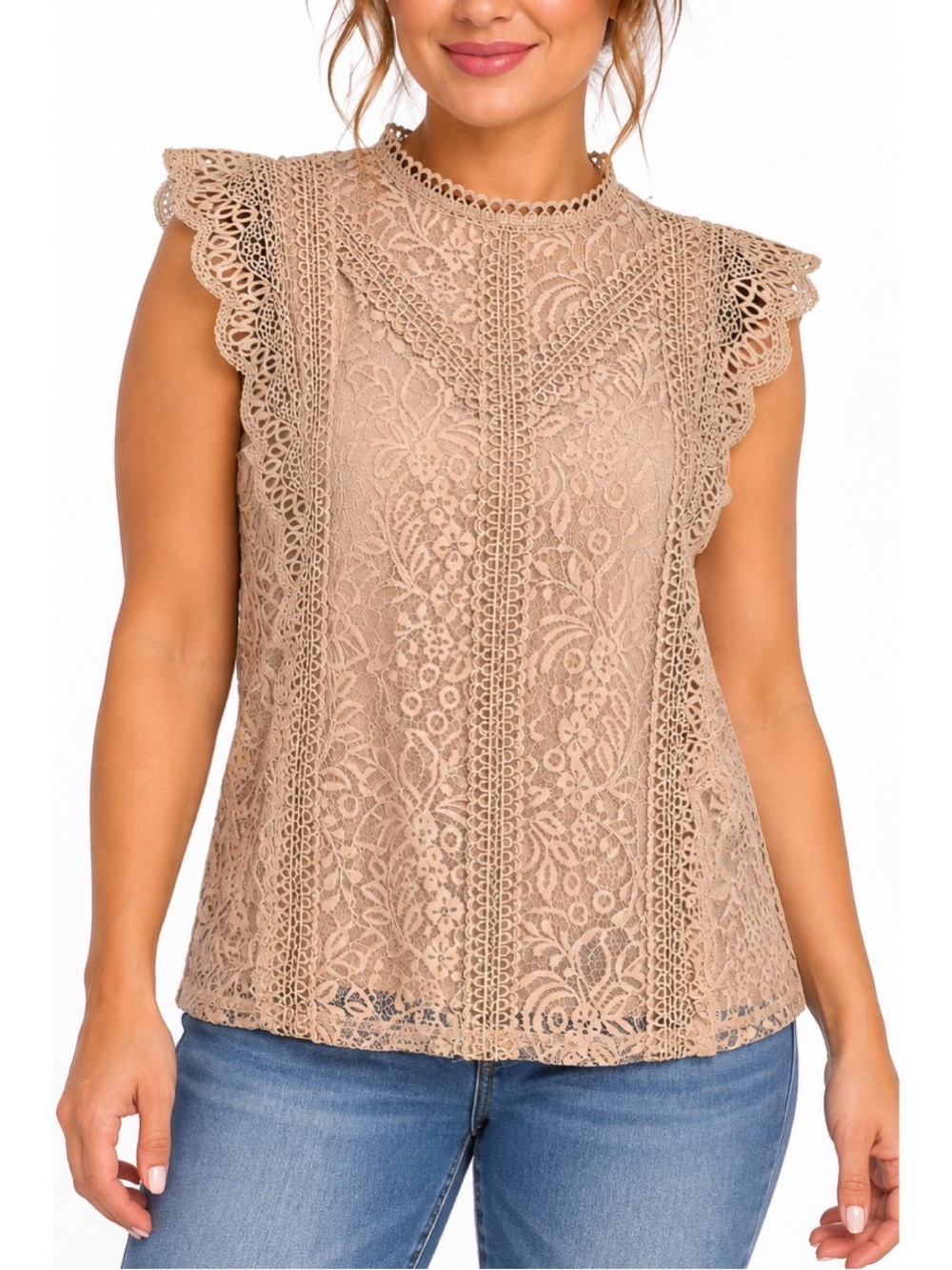 Cable & Gauge Taupe Lace Flutter Sleeve Top- Medium